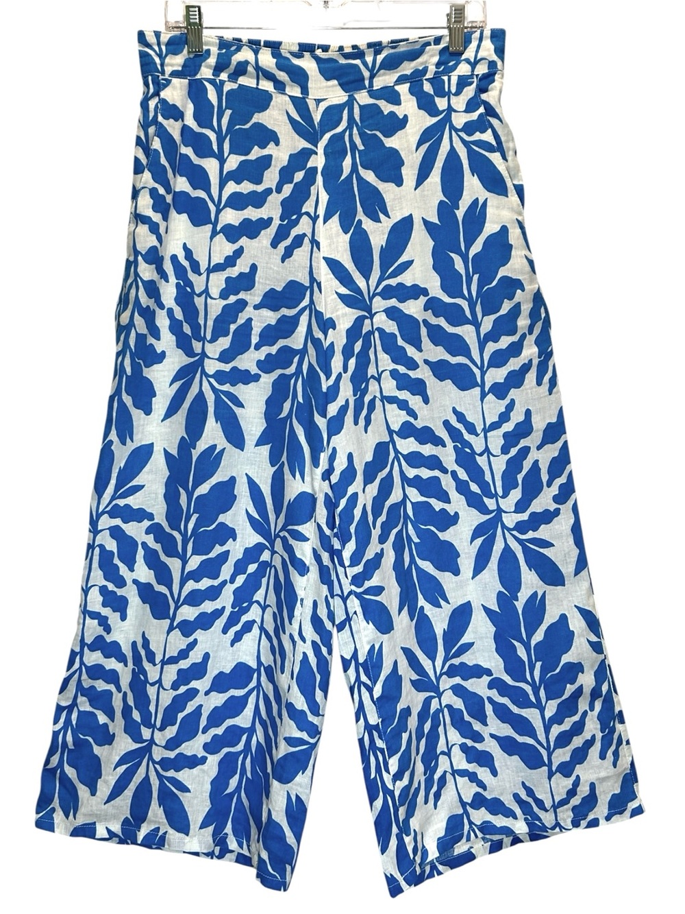 Rachel Zoe White & Blue Tropical Linen Wide Leg Pull-up Pants - Large